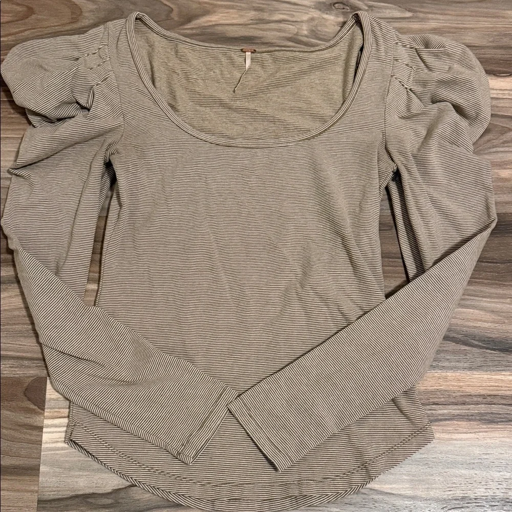 Free People Penelope Puff Sleeve Brown Cream Striped L/S Top Women’s Sz. S